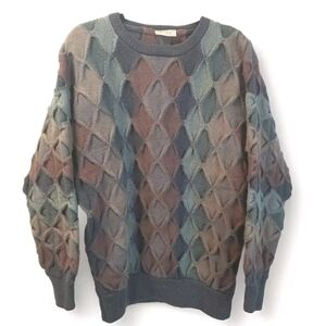 Pure New Wool Sweater Men Lg XL 3D Diamond Knit Eclectic Grandpa Retro Vtg